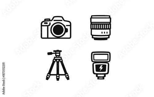 Camera and photography equipment icons: camera, lens, tripod, flash