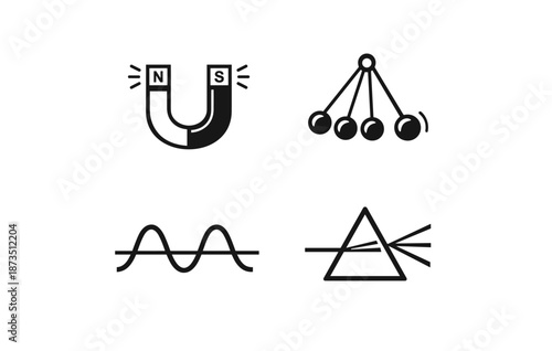 Magnetism and physics concepts: magnet, pendulum, wave, prism diagrams
