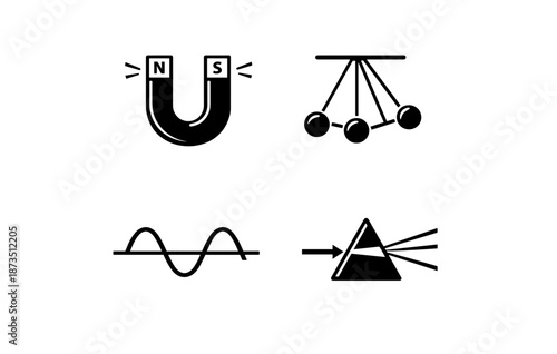 Physics icons: magnet, pendulum, wave, prism concept art