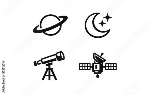 Astronomy icons: planet, moon, stars, telescope, and satellite