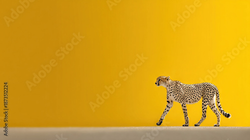 Cheetah walking against a vibrant yellow background