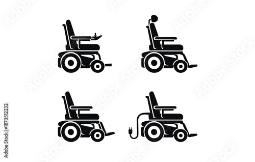 Set of electric wheelchair icon illustrations in different angles