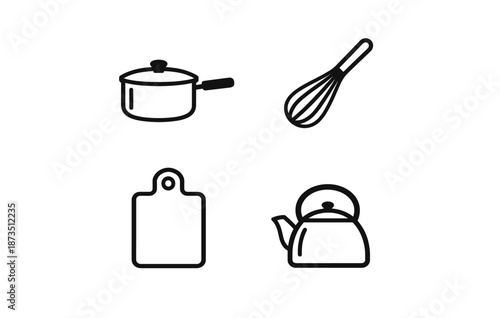 Minimalist kitchen utensils: pot, whisk, cutting board, kettle icons