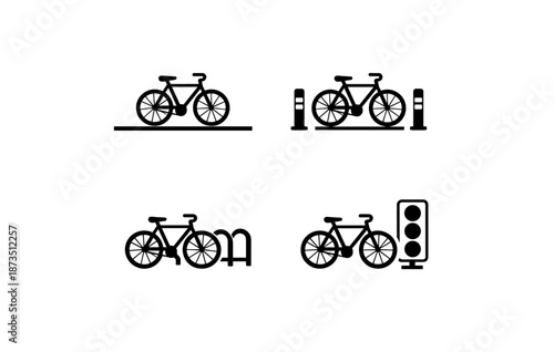 Bicycle icons: bike rack, traffic light, path and parking designs