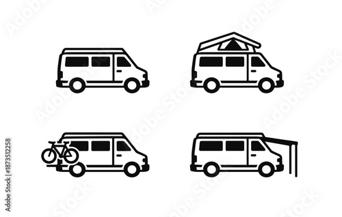 Camper van icon set with bicycle, tent, and carport variations