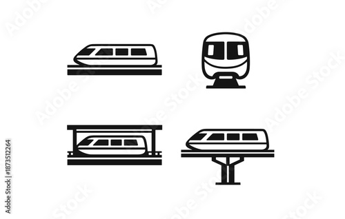 Monorail and train icon set: front and side views on tracks