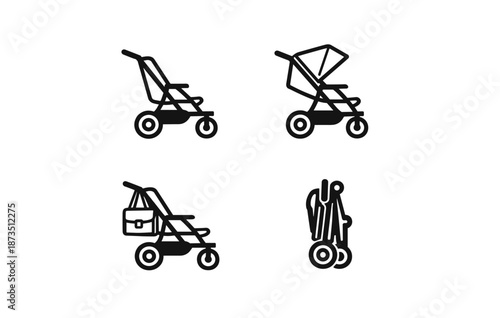 Set of four baby stroller icons in black and white