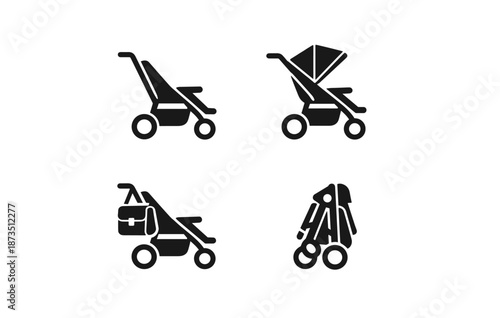 Set of four baby stroller icons showing different designs and features
