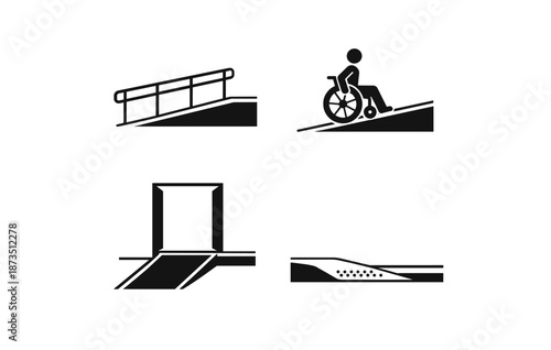 Accessibility icons: wheelchair ramp, handrail, and tactile paving symbols