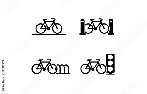 Bicycle icons set depicting parking and traffic concepts in black and white