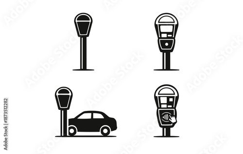 Black and white parking meter and car icons set