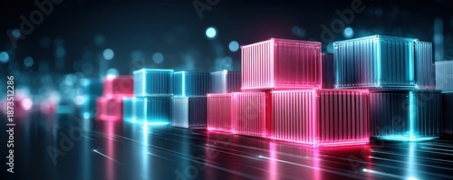 Concept of supply chain resilience and automation innovation. A futuristic scene featuring illuminated shipping containers stacked on a reflective surface, set against a blurred city background.