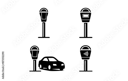 Set of parking meters and car symbols illustration in black and white