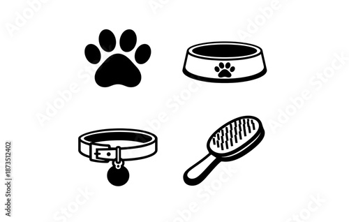 Set of four pet care icons featuring paw print, bowl, collar, and brush
