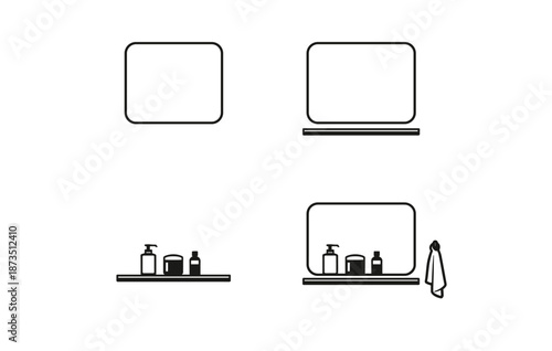 Minimalist bathroom mirror and shelf designs with toiletries and towel