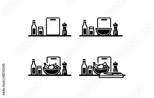 Simple icon set: kitchen countertop with ingredients and utensils