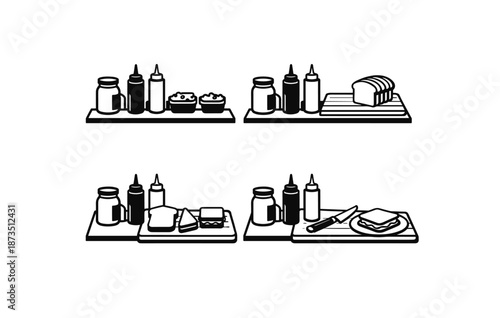 Monochrome bread and condiments: sliced and unsliced variations