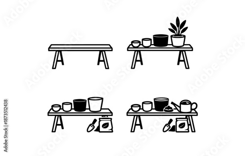 Garden bench with pots and gardening tools outline illustration