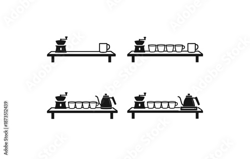 Coffee brewing process with grinder, mugs, and kettle in minimalist icon set