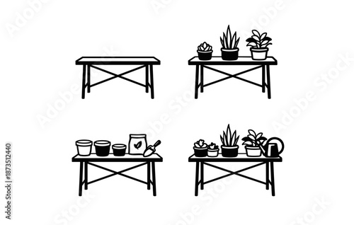 Gardening essentials: tables with plants, tools, and supplies