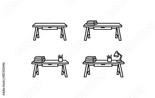 Minimalist desk setups with books and lamp on white background