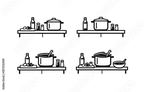 Simple line drawings of kitchen counters with cooking utensils and ingredients