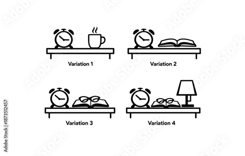 Four morning variations with clock and desk elements outline