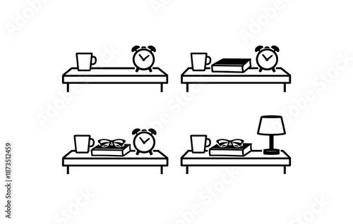 Minimalist bedside tables with clocks and books in various arrangements