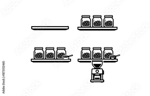 Minimalist coffee bar setup with jars and grinder on shelves