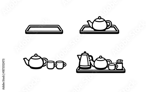 Simple tea set line icons featuring teapots and cups on trays