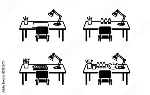 Monochrome art desks with creative supplies and lamps in minimalist style
