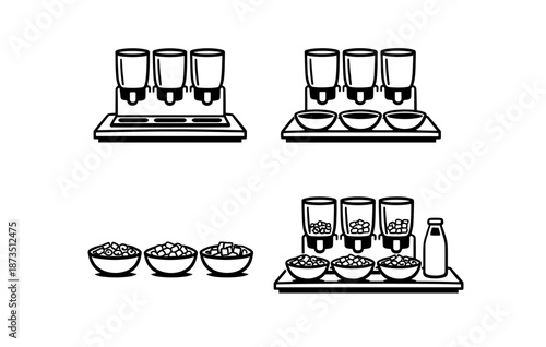 Breakfast cereal dispensers and bowls in simple line art style