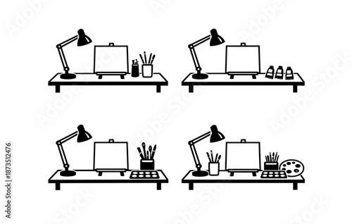 Art studio desk with easel, lamp, brushes, and paint supplies