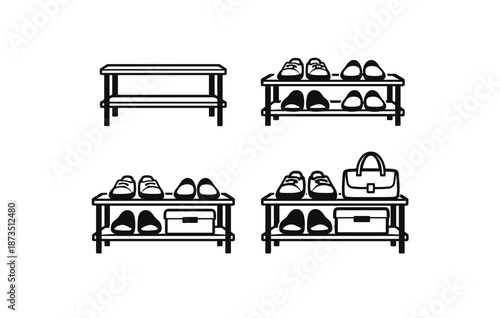 Black and white shoe rack illustrations with accessories