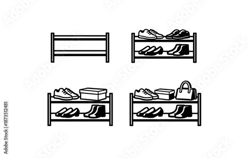 Shoe rack variations with accessories: sneakers, boots, boxes, bag