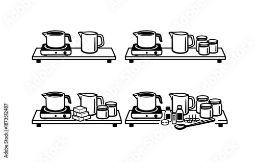 Soap making process stages with equipment and ingredients illustrations
