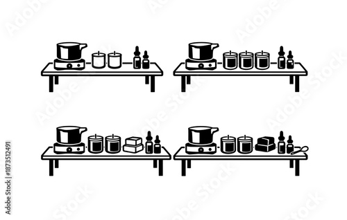 Monochrome candle and essential oil making setup on four tables