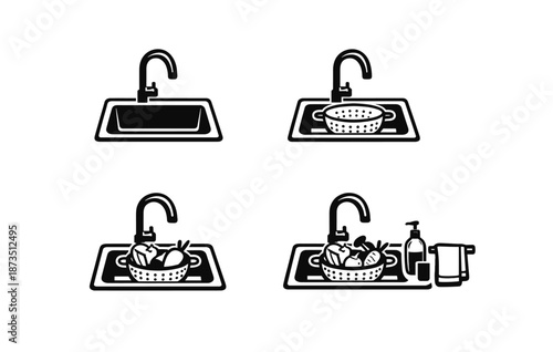 Kitchen sink icons: colander and vegetables with faucet set