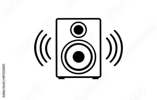 Minimalist black speaker icon with sound waves on white background