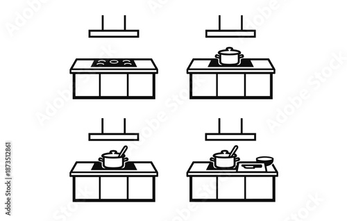 Simple black and white kitchen icons featuring stovetop and cooking utensils