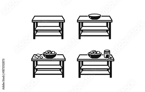 Set of four kitchen tables with various cooking ingredients and utensils