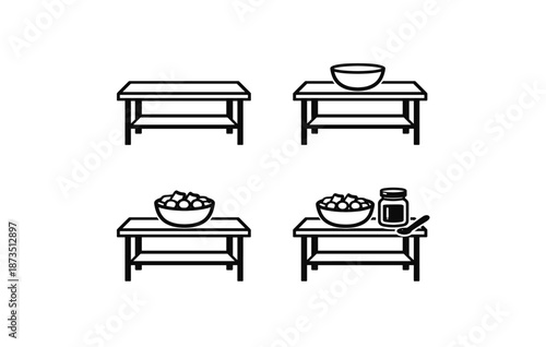 Progression of table setting with bowl and ingredients