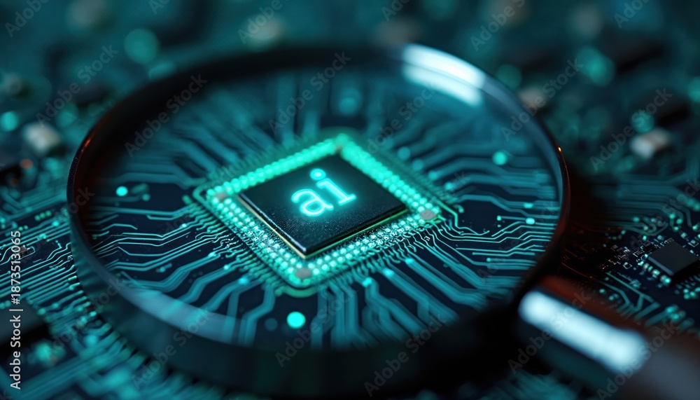 Obraz premium Magnifying glass inspects glowing ai chip on circuit board. Future tech, data processing, computer intelligence. Microchip innovation, cybernetic research, digital circuits.