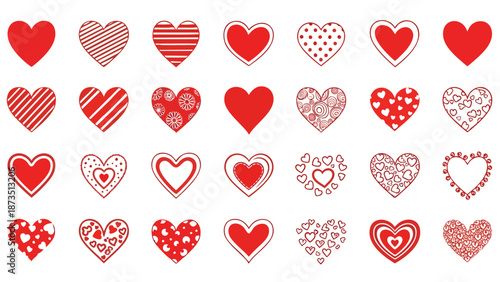 A collection of 30 vibrant red and pink heart designs featuring various patterns such as stripes, polka dots, and floral elements, perfect for Valentine's Day or romantic themes.