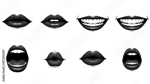 A stunning collection of various mouth expressions, featuring diverse lip shapes and smiles, perfect for graphic design projects and digital art needs in monochrome style.