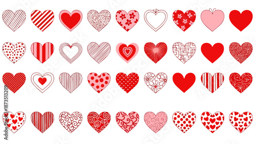 A vibrant collection of various red and pink decorative hearts featuring unique patterns, perfect for Valentine's Day cards, romantic designs, and seasonal decorations.