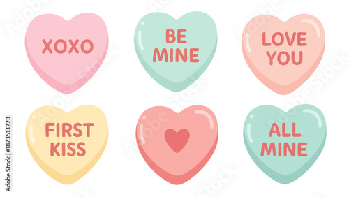 Colorful heart-shaped candy conversation sweets featuring phrases like 'XOXO', 'Be Mine', 'Love You', and 'All Mine' perfect for Valentine's Day celebrations and romantic gifts.