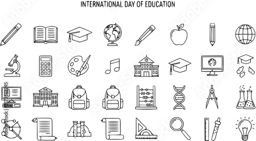 Education Line Art Icons Set. Comprehensive Black and White Outline Symbols Collection for School, University, Learning, Academic Study, Knowledge, Science, and Art Concepts and Tools.