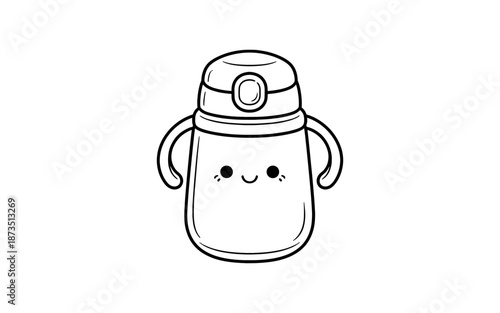 Cute cartoon sippy cup with a happy face and handles, black and white line art