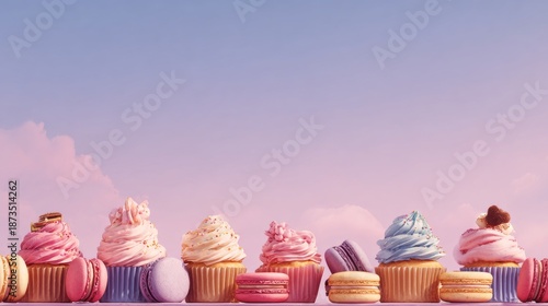 Cupcakes and macarons, pink pastel sky background
